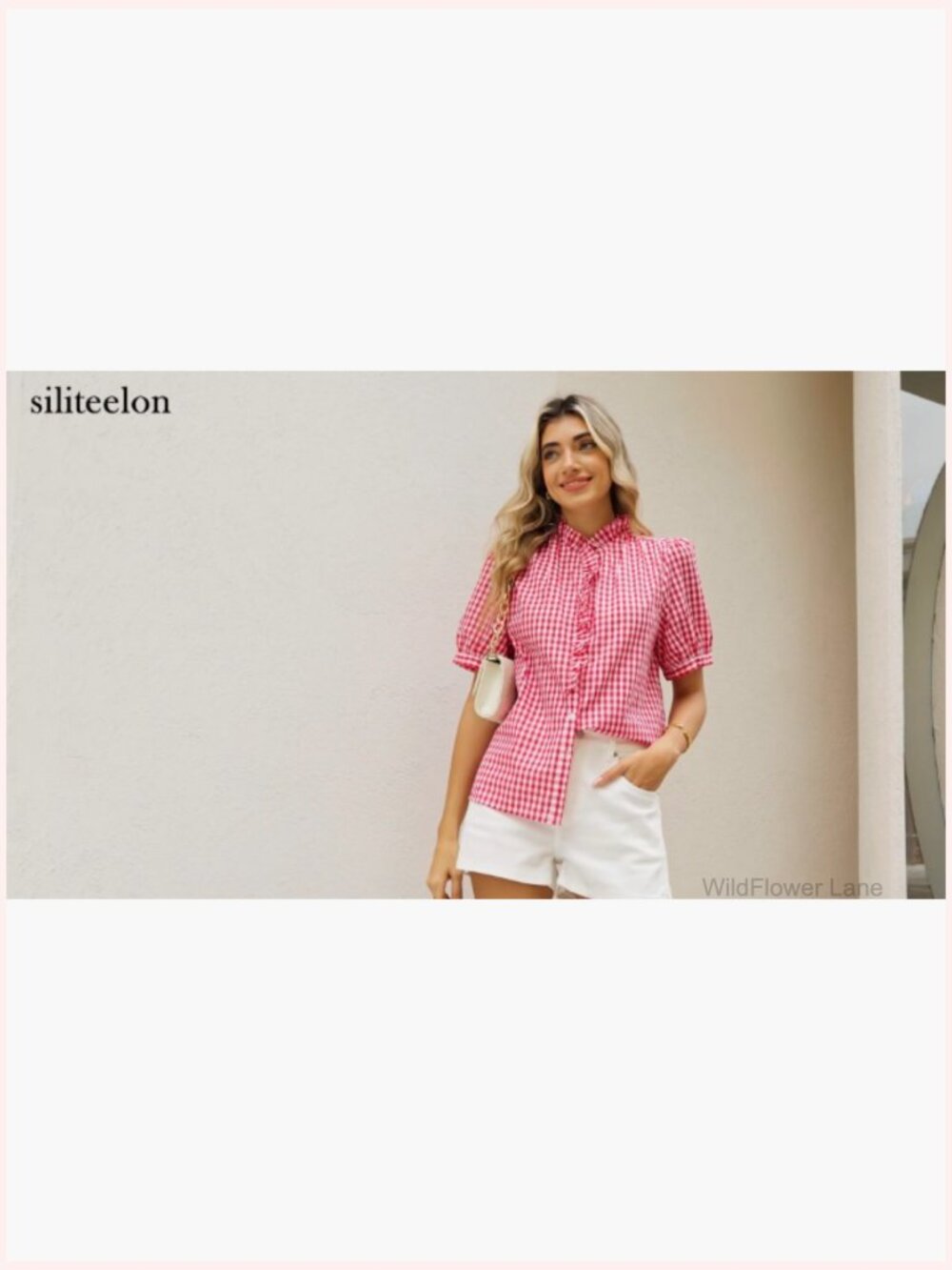 Women's Plaid Short Sleeve Button Down Ruffle V-Neck Blouse - Picture 6 of 6